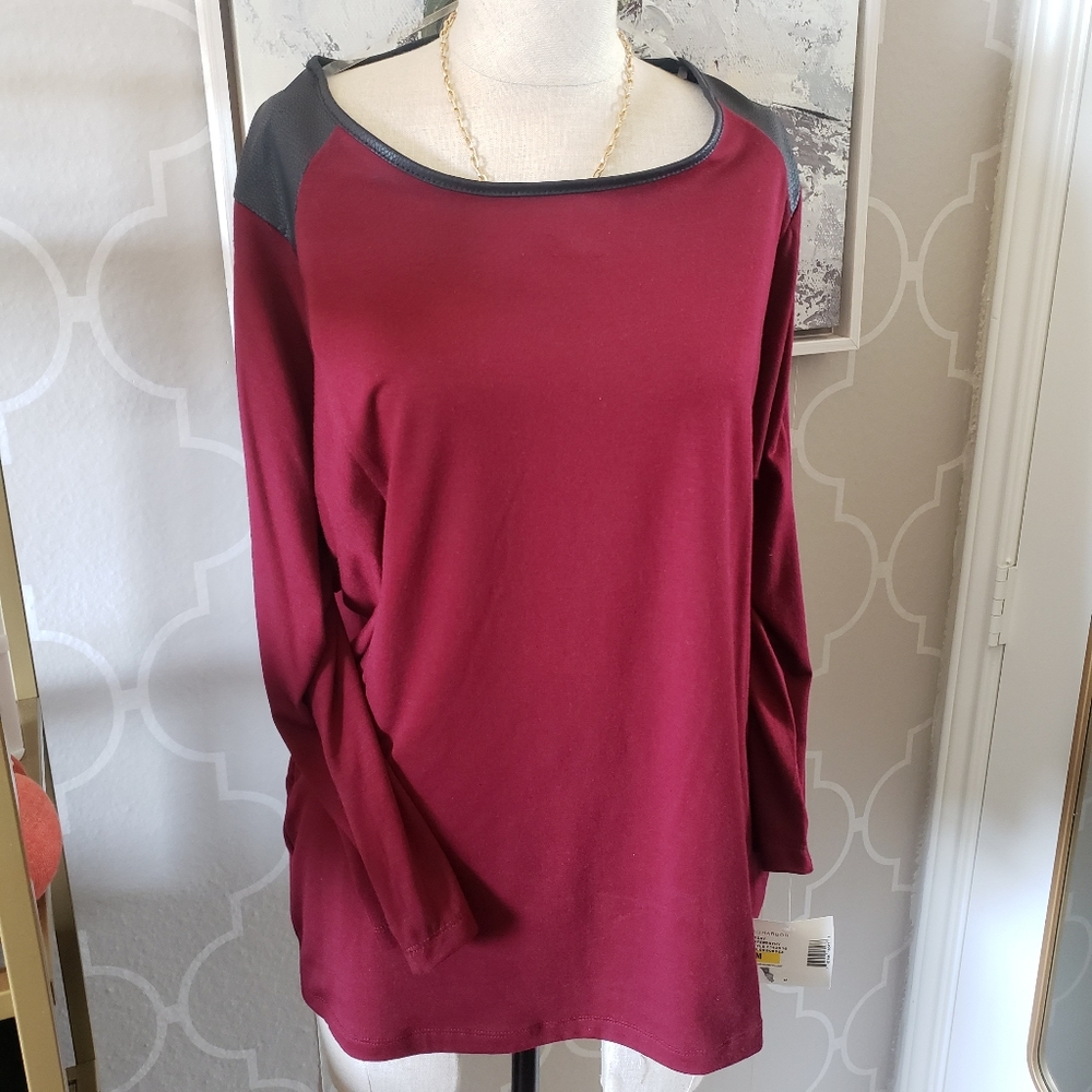 Burgundy Top With Leather Detail